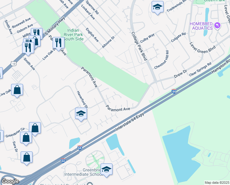 map of restaurants, bars, coffee shops, grocery stores, and more near 3 Exeter Circle in Chesapeake