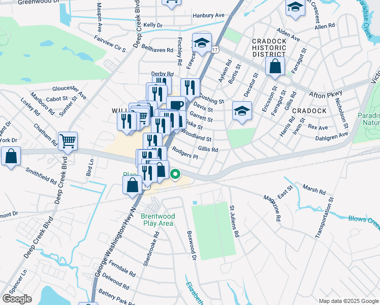 map of restaurants, bars, coffee shops, grocery stores, and more near 21 Rodgers Place in Portsmouth