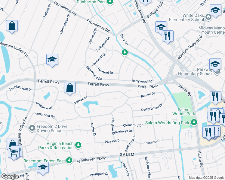map of restaurants, bars, coffee shops, grocery stores, and more near 4520 Revere Drive in Virginia Beach