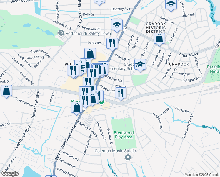 map of restaurants, bars, coffee shops, grocery stores, and more near 21 Rodgers Place in Portsmouth