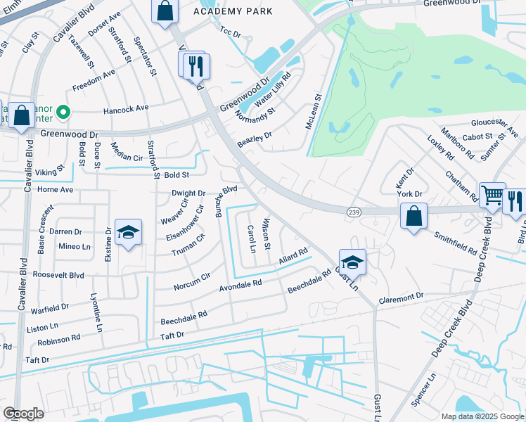 map of restaurants, bars, coffee shops, grocery stores, and more near 603 Gust Lane in Portsmouth
