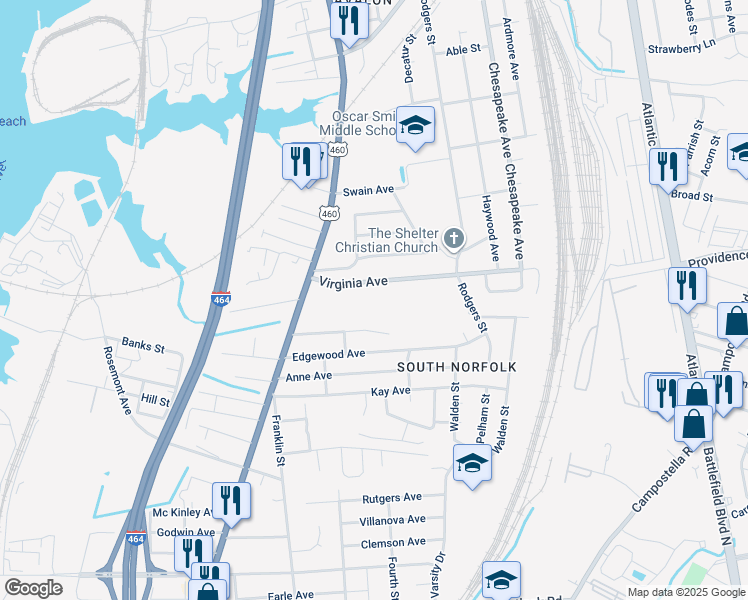 map of restaurants, bars, coffee shops, grocery stores, and more near 1120 Virginia Avenue in Chesapeake