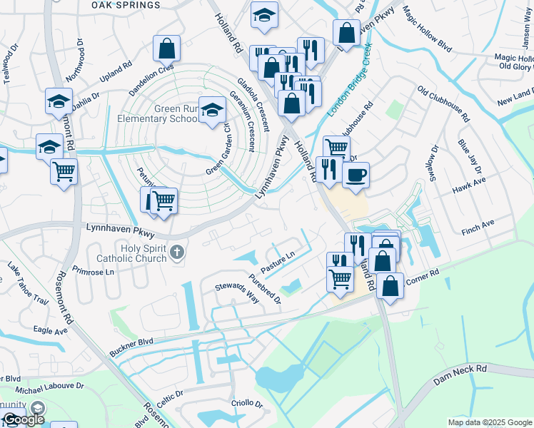 map of restaurants, bars, coffee shops, grocery stores, and more near 3441 Crimson Holly Lane in Virginia Beach