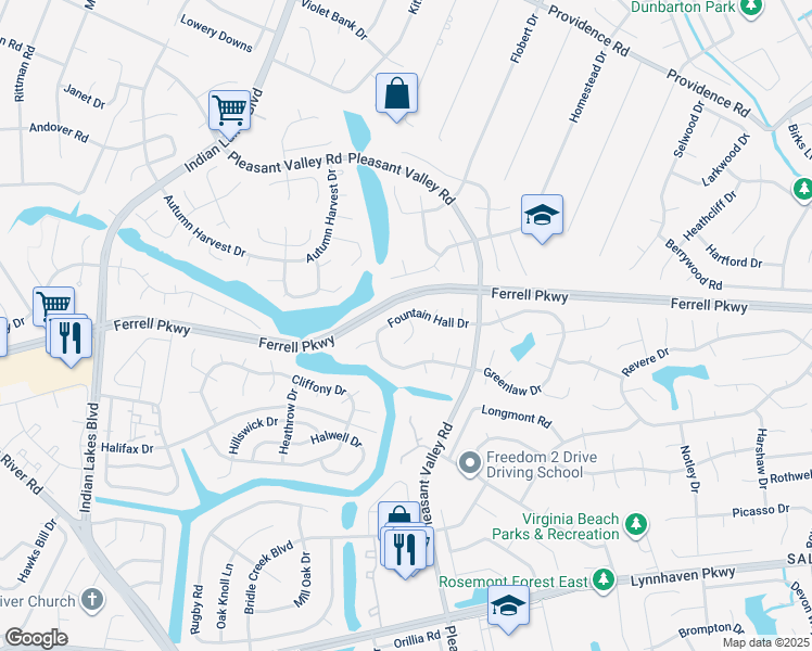 map of restaurants, bars, coffee shops, grocery stores, and more near 1325 Faraid Lane in Virginia Beach
