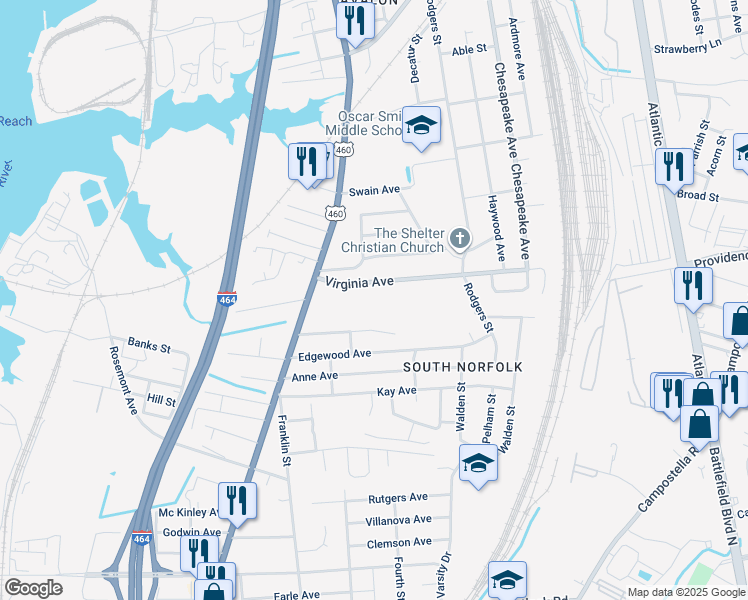 map of restaurants, bars, coffee shops, grocery stores, and more near 1120 Virginia Ave in Chesapeake