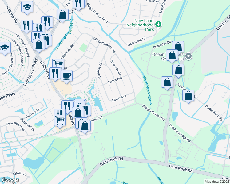 map of restaurants, bars, coffee shops, grocery stores, and more near 1308 Canary Drive in Virginia Beach