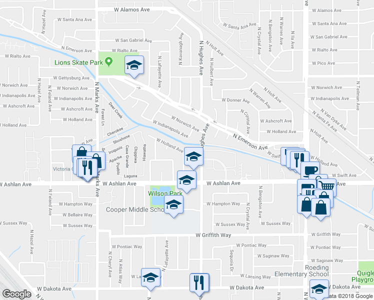 map of restaurants, bars, coffee shops, grocery stores, and more near 4262 North Woodson Avenue in Fresno