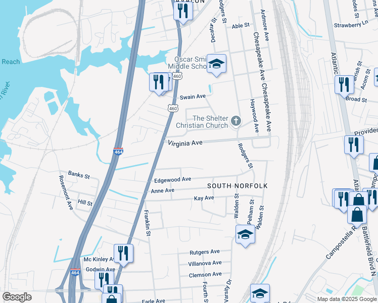 map of restaurants, bars, coffee shops, grocery stores, and more near 1120 Virginia Avenue in Chesapeake