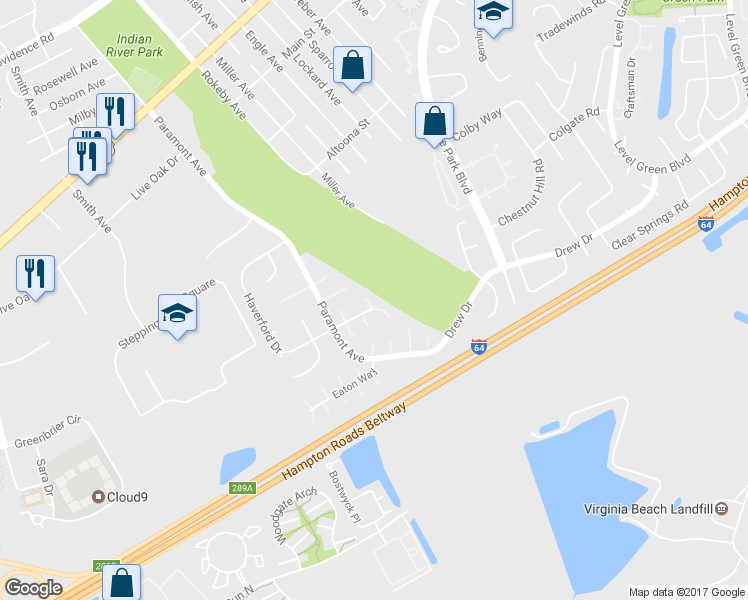 map of restaurants, bars, coffee shops, grocery stores, and more near 3 Exeter Circle in Chesapeake