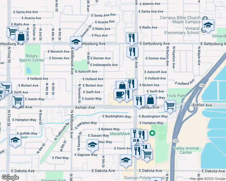 map of restaurants, bars, coffee shops, grocery stores, and more near 4325 North Cedar Avenue in Fresno