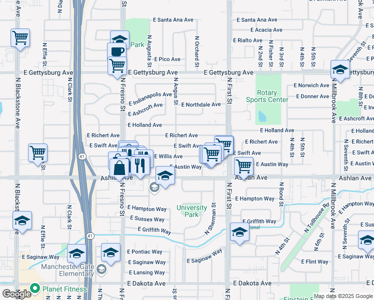 map of restaurants, bars, coffee shops, grocery stores, and more near 2911 East Swift Avenue in Fresno