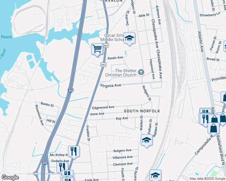 map of restaurants, bars, coffee shops, grocery stores, and more near 1120 Virginia Avenue in Chesapeake
