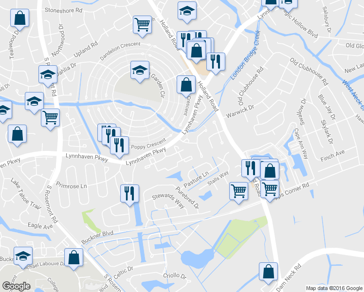 map of restaurants, bars, coffee shops, grocery stores, and more near 3417 Crimson Holly Lane in Virginia Beach