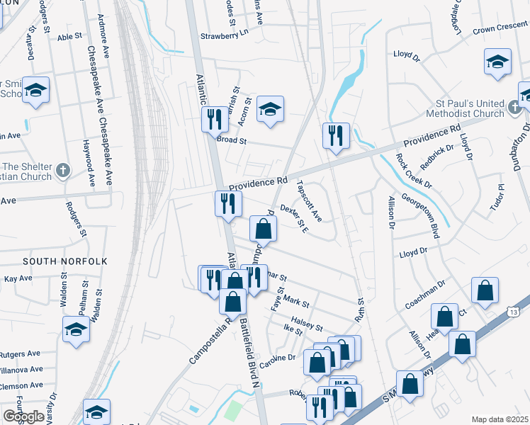 map of restaurants, bars, coffee shops, grocery stores, and more near 2164 Campostella Road in Chesapeake