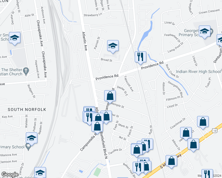map of restaurants, bars, coffee shops, grocery stores, and more near 2164 Campostella Road in Chesapeake