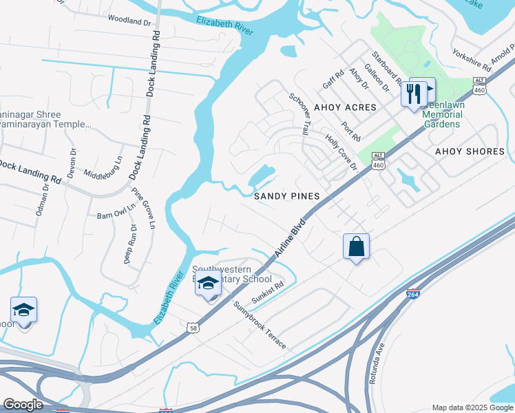 map of restaurants, bars, coffee shops, grocery stores, and more near 3937 Pierce Lane in Chesapeake