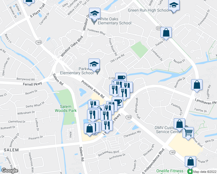 map of restaurants, bars, coffee shops, grocery stores, and more near 1311 Pershing Court in Virginia Beach