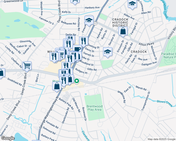 map of restaurants, bars, coffee shops, grocery stores, and more near 162 Gillis Road in Portsmouth