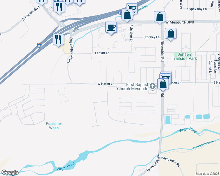 map of restaurants, bars, coffee shops, grocery stores, and more near 430 Hagens Alley in Mesquite