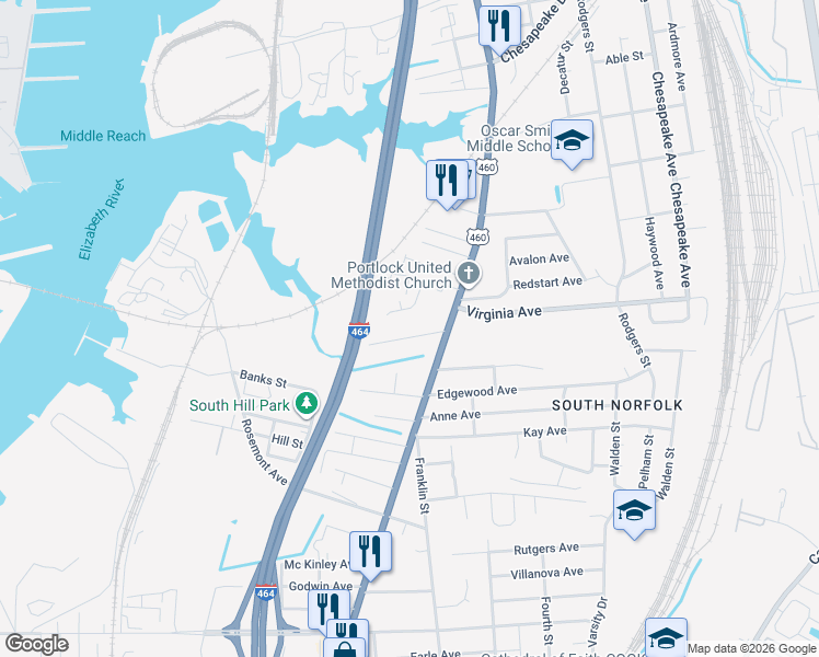 map of restaurants, bars, coffee shops, grocery stores, and more near 2625B Yale Court in Chesapeake