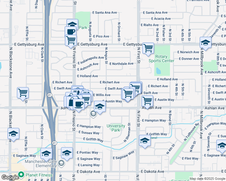 map of restaurants, bars, coffee shops, grocery stores, and more near 2911 East Swift Avenue in Fresno