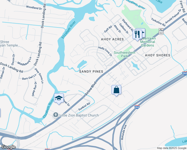 map of restaurants, bars, coffee shops, grocery stores, and more near 1624 Sandy Pines Way in Chesapeake
