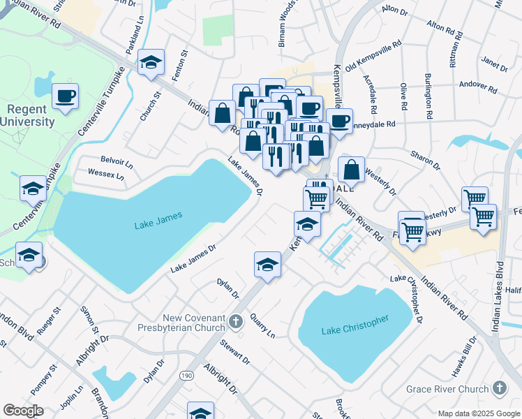 map of restaurants, bars, coffee shops, grocery stores, and more near 5358 Canterford Ln in Virginia Beach