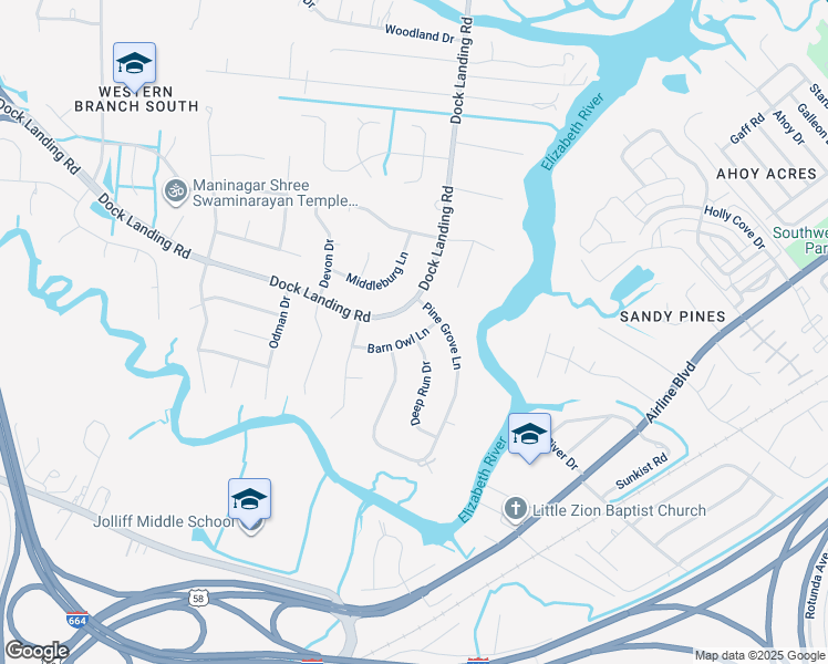 map of restaurants, bars, coffee shops, grocery stores, and more near 4008 Barn Owl Lane in Chesapeake
