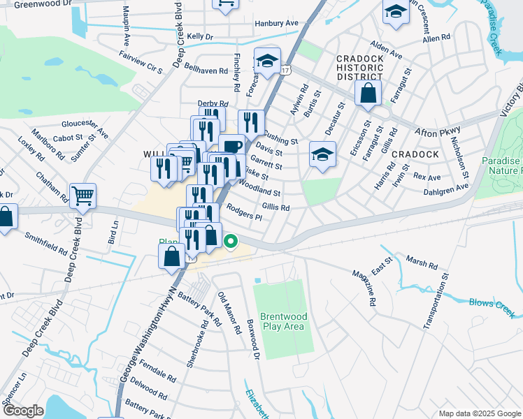 map of restaurants, bars, coffee shops, grocery stores, and more near 167 Gillis Road in Portsmouth