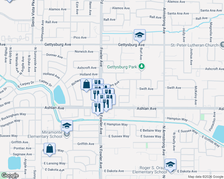 map of restaurants, bars, coffee shops, grocery stores, and more near 1858 Richert Avenue in Clovis