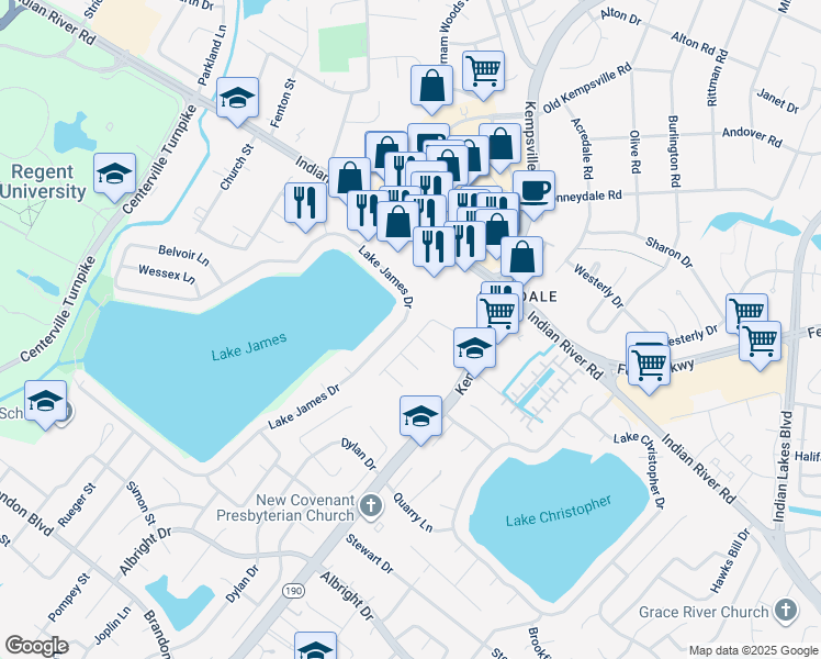 map of restaurants, bars, coffee shops, grocery stores, and more near 5358 Canterford Ln in Virginia Beach
