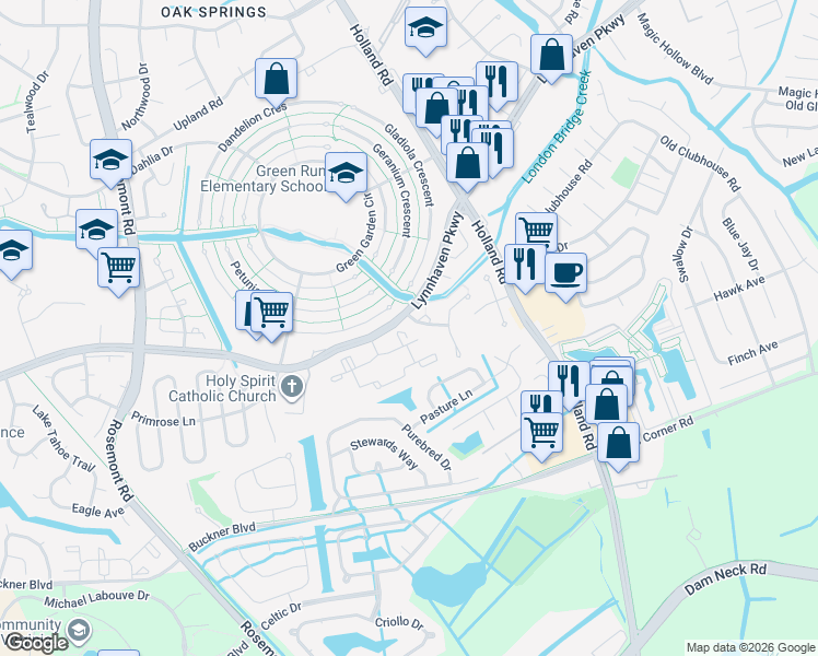 map of restaurants, bars, coffee shops, grocery stores, and more near 3416 Crimson Holly Court in Virginia Beach