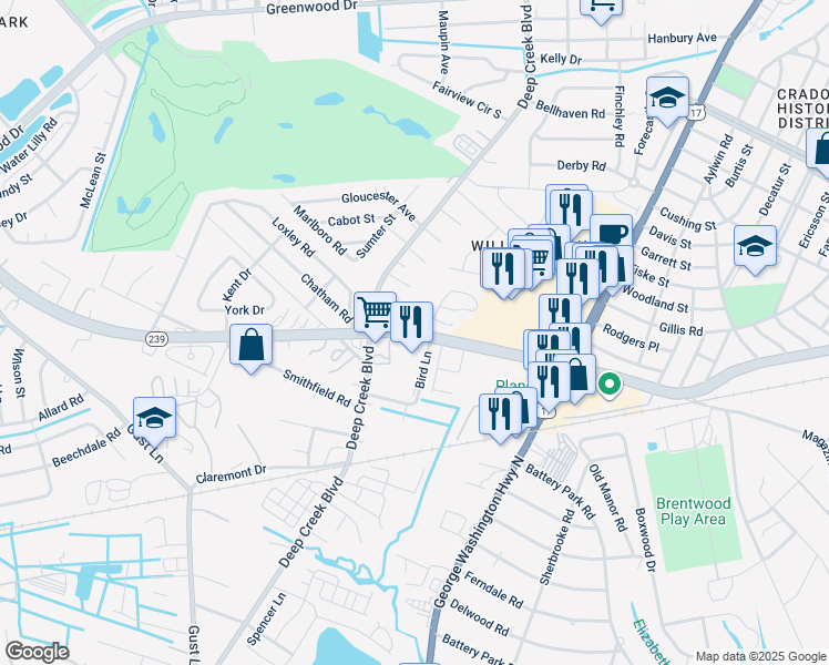 map of restaurants, bars, coffee shops, grocery stores, and more near Victory Boulevard in Portsmouth