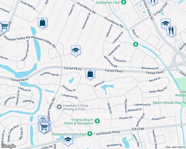 map of restaurants, bars, coffee shops, grocery stores, and more near 4601 Glencoe Lane in Virginia Beach