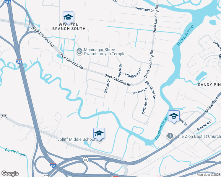 map of restaurants, bars, coffee shops, grocery stores, and more near 1545 Odman Drive in Chesapeake