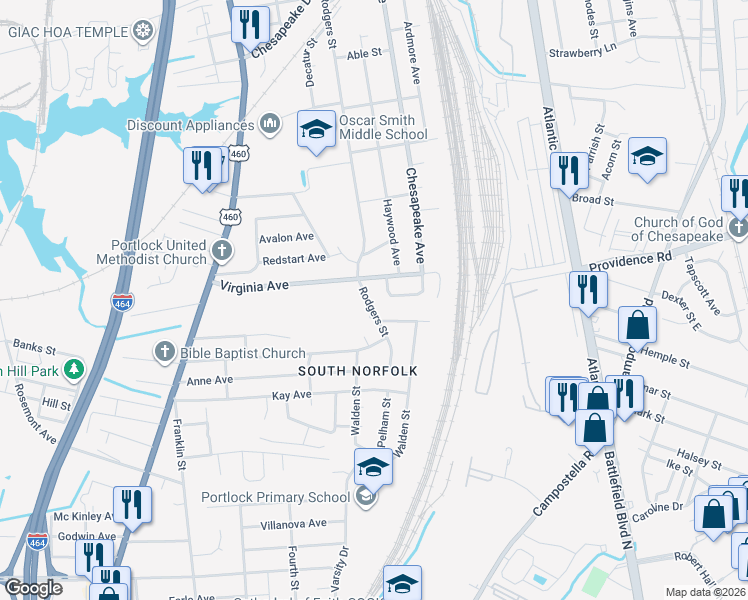 map of restaurants, bars, coffee shops, grocery stores, and more near 2717 Rodgers Street in Chesapeake