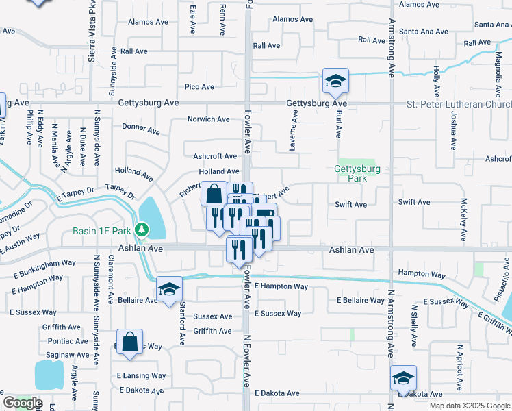 map of restaurants, bars, coffee shops, grocery stores, and more near 3083 Whittier Avenue in Clovis