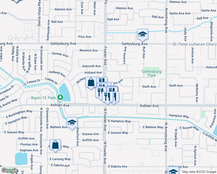 map of restaurants, bars, coffee shops, grocery stores, and more near 3083 Whittier Avenue in Clovis