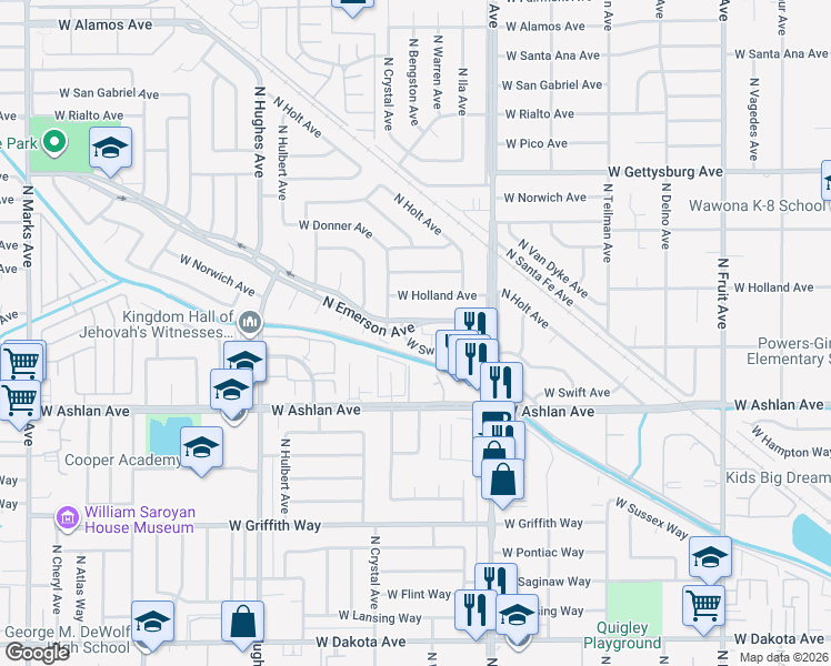 map of restaurants, bars, coffee shops, grocery stores, and more near 4320 North Emerson Avenue in Fresno