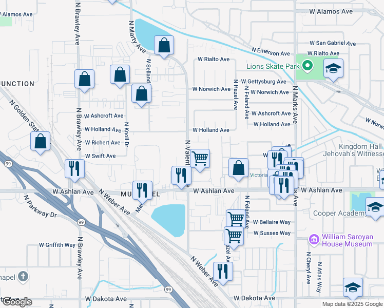map of restaurants, bars, coffee shops, grocery stores, and more near 4150 North Valentine Avenue in Fresno