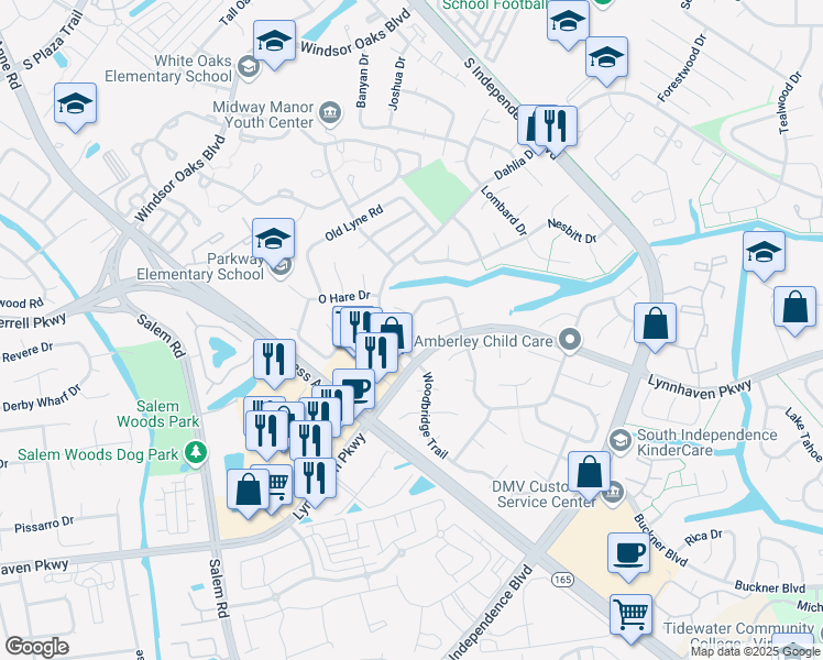 map of restaurants, bars, coffee shops, grocery stores, and more near 4216 Longwood Road in Virginia Beach