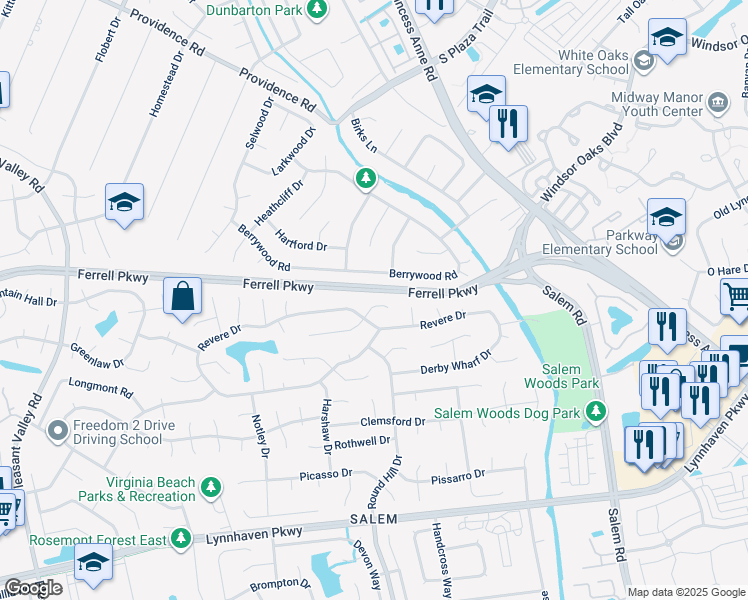 map of restaurants, bars, coffee shops, grocery stores, and more near 4752 Berrywood Road in Virginia Beach