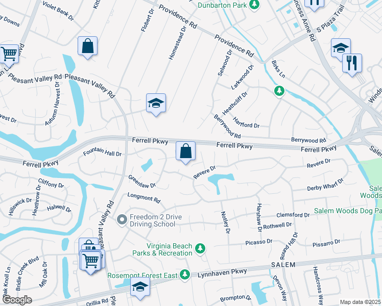 map of restaurants, bars, coffee shops, grocery stores, and more near 4601 Glencoe Lane in Virginia Beach