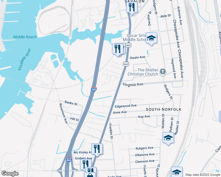 map of restaurants, bars, coffee shops, grocery stores, and more near 2625B Yale Court in Chesapeake