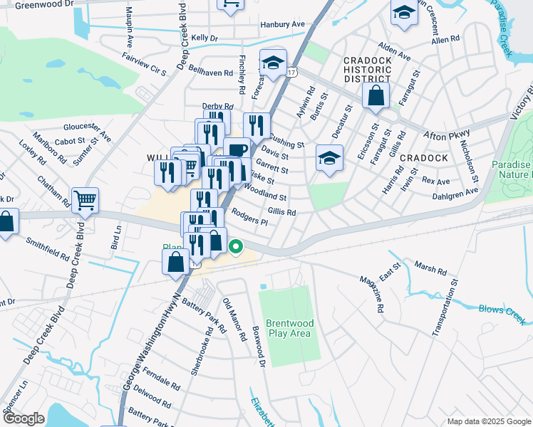 map of restaurants, bars, coffee shops, grocery stores, and more near 167 Gillis Road in Portsmouth