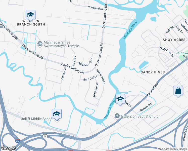 map of restaurants, bars, coffee shops, grocery stores, and more near 1611 Dock Landing Road in Chesapeake