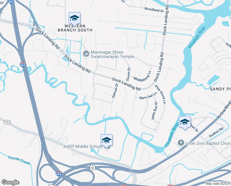map of restaurants, bars, coffee shops, grocery stores, and more near 1545 Odman Drive in Chesapeake
