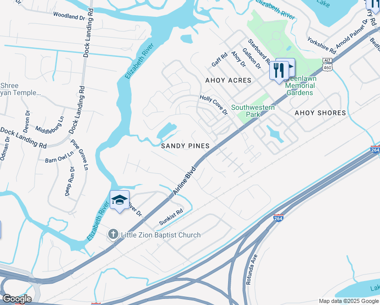 map of restaurants, bars, coffee shops, grocery stores, and more near 1624 Sandy Pines Way in Chesapeake