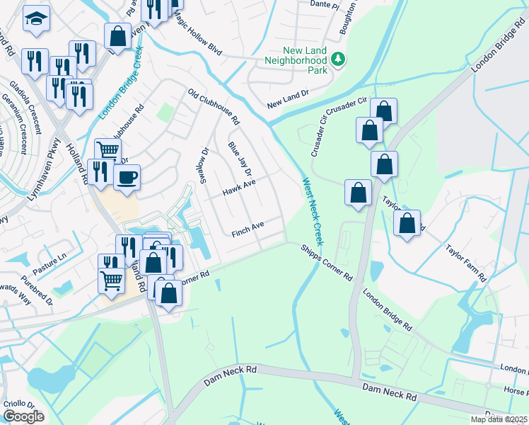 map of restaurants, bars, coffee shops, grocery stores, and more near 1329 Blue Jay Drive in Virginia Beach