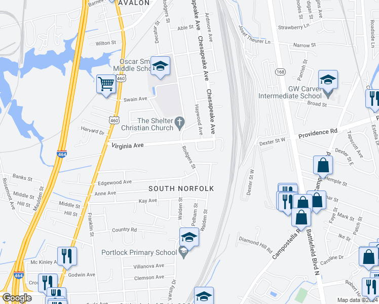 map of restaurants, bars, coffee shops, grocery stores, and more near 2723 Rodgers Street in Chesapeake